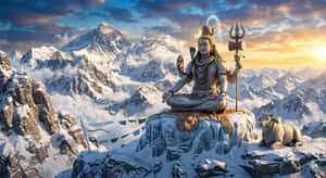 濕婆石像在雪山冥想，公牛和三叉戟相伴，日落時分 — 濕婆 壁紙