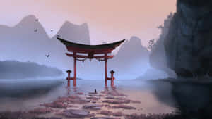 霧氣瀰漫的水中紅色鳥居，群山與鳥兒，黎明時分。 — 靈性美學 壁紙