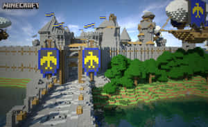 Minecraft城堡，有石塔和藍色旗幟，旁邊有河流和綠樹。 — 我的世界 壁紙