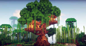 Minecraft叢林中的一座方塊樹屋，帶有懸垂的藤蔓和浮空島嶼。 — 可愛 Minecraft 壁紙