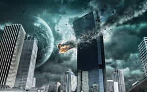 一座城市摩天大樓爆炸，流星穿過暴風雨的天空，可以看到一顆行星。 — 火焰動畫 壁紙