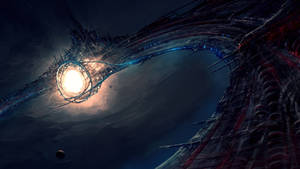 未來太空站環繞深空中一顆明亮的恆星運行。 — 太空船 壁紙