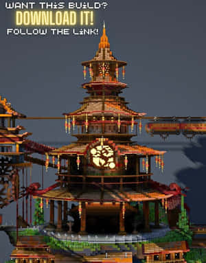 在Minecraft遊戲場景中，一座發光的像素寶塔漂浮在水面上。 — 城堡動畫 壁紙