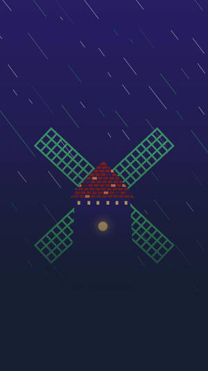 在雨夜場景中，帶有發光窗戶的像素化風車。 — 極簡 iPhone 壁紙
