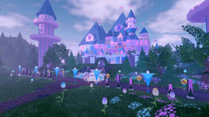 暮色中魔法花園裡一座發光的紫色城堡。 — 酷炫 Roblox 壁紙