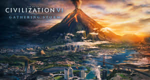 未來城市，背景是冒煙的火山，日落時分。 — 酷炫遊戲 壁紙