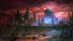 哥德式城市，發光圓頂，紅色天空，飛翔的蝙蝠，迷霧廢墟。 — Old School Runescape 壁紙