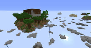 Minecraft風格方塊世界中的浮空島，上有房屋和樹木。 — 可愛 Minecraft 壁紙