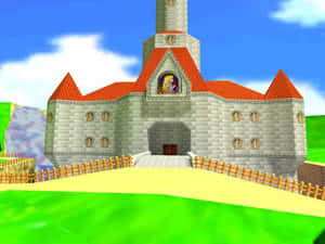一座卡通城堡，紅色屋頂和石牆，位於藍天下的綠色山丘上。 — 蘑菇美學 壁紙