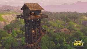日落時分森林山谷中的 Fortnite 瞭望塔 — 要塞英雄 大逃殺 壁紙