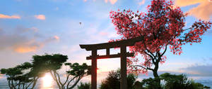 夕陽下海洋上的鳥居與紅楓樹 — 鳥居 壁紙