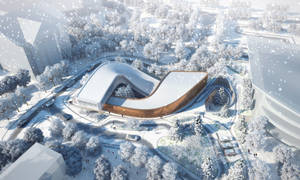 未來主義曲線建築，帶有木質面板，位於雪中的城市公園，降雪期間。 — 雪 壁紙