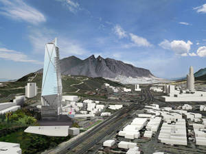 現代城市，玻璃摩天大樓和山脈在藍天下作為背景 — 瓜達拉哈拉 壁紙