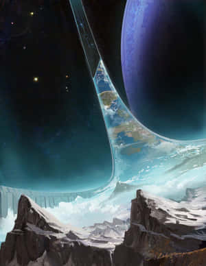在環繞藍色行星的弧形太空站下方，積雪的山峰聳立。 — Kindle Paperwhite 壁紙
