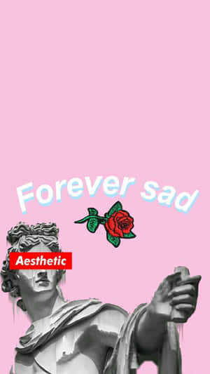 雕像與紅玫瑰及文字 forever sad 在粉紅色背景上 — 悲傷 iPhone 壁紙