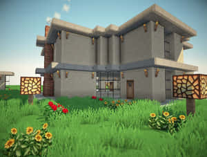 藍天下帶花園和花朵的現代方塊屋 — 可愛 Minecraft 壁紙