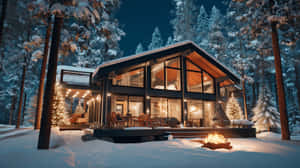 夜晚雪松林中的現代小屋，配有發光火坑和溫暖室內燈光。 — 假期 壁紙