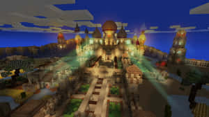 一座方塊幻想城堡在沙漠景觀中於黃昏時溫暖地發光。 — 可愛 Minecraft 壁紙