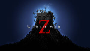 一座由殭屍組成的山，在深藍色天空襯托下帶有發光的紅色Z和World War文字。 — 世界大戰Z 壁紙