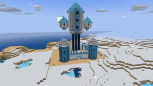 雪島上的Minecraft城堡，背景有海洋和天空。 — 我的世界 壁紙
