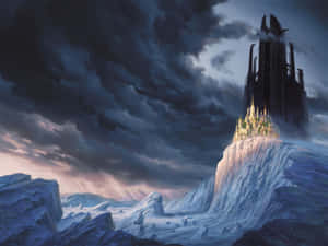 一座發光的城堡在白雪覆蓋的懸崖上，下方是風暴暮色天空。 — 魔法森林 壁紙