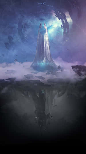 未來主義尖塔在霧中發光，宇宙天空和漂浮的廢墟倒映在水中。 — 天命 4K 壁紙