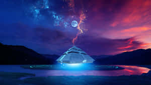 未來主義金字塔漂浮在水面上，下方是宇宙天空，有閃電和月亮。 — 美學天空 壁紙
