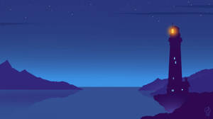夜晚燈塔在岩石海岸上發光，有山和星星 — 矢量藝術 壁紙