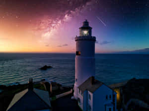 燈塔在海洋上空的星空暮色中發光。 — 自然風景動圖 壁紙