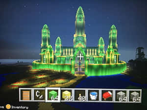 Minecraft遊戲中夜晚一座發光的綠色城堡，庫存可見。 — 我的世界 壁紙