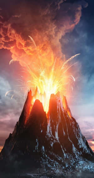 一座白雪覆蓋的火山正在噴發，明亮的熔岩和煙霧噴向色彩斑斕的天空。 — Pixel Fold 壁紙