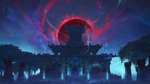 發光的紅太陽下，宇宙能量在暮色天空中旋轉的古老寺廟。 — 魔獸世界 壁紙