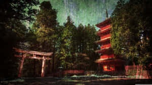 雨夜森林中的紅色寶塔和鳥居。 — 日式 壁紙