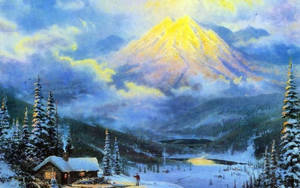 冬季森林中的雪覆蓋小屋與日落時閃耀的山峰 — 冬季房屋 壁紙