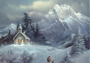一對情侶在雪景山區中走向一座發光的小教堂。 — 冬季風景 壁紙