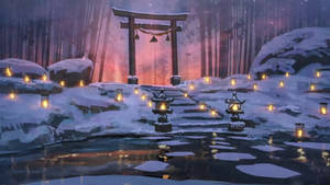 被雪覆蓋的鳥居，燈籠在暮色中倒映在冰冷的水中。 — 綠光戰警 壁紙