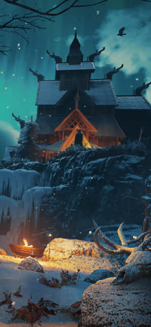 雪崖上的維京長屋，在發光的極光下，下方有火焰燃燒 — 電玩遊戲 GIF 壁紙