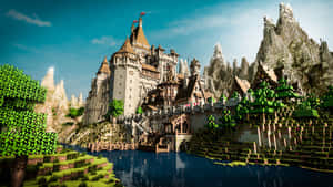 Minecraft 風格的像素城堡，湖畔有山脈和樹木 — 城堡動畫 壁紙