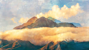 日落時分，山峰聳立於金色雲層之上，帶有紋理筆觸。 — 山脈 壁紙