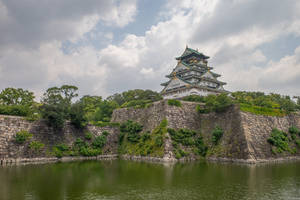 一座傳統的日本城堡，擁有綠色屋頂和白色牆壁，周圍環繞著水和石牆。 — 東京鐵塔 壁紙