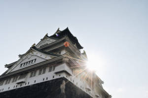陽光在傳統日本城堡塔樓後方閃耀，映襯著晴朗的天空。 — 東京鐵塔 壁紙