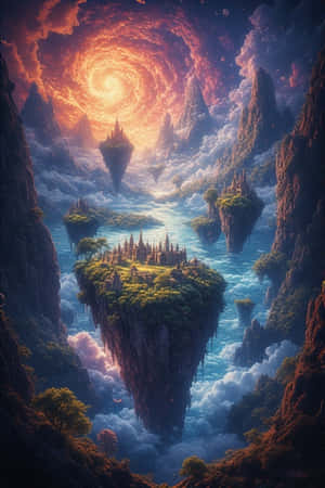 浮島上有城堡和綠色植物，懸浮在雲層中，下方是旋轉的宇宙太陽。 — iPhone 4 壁紙