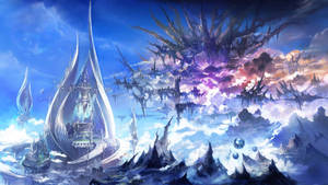 色彩繽紛的天空下，漂浮在群山之上的奇幻城堡 — 電玩遊戲 GIF 壁紙