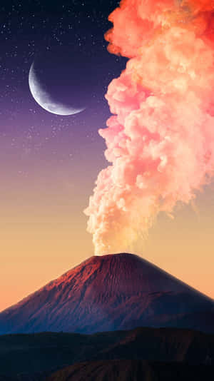 火山在新月和星空下噴出粉紅色煙霧。 — 粉紅大理石 壁紙