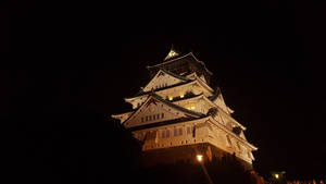 夜晚燈光照明的日本城堡，窗戶在黑暗天空中閃耀。