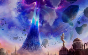 奇幻城市，帶有發光尖塔和浮動小行星，在宇宙天空下 — 可愛的動漫角色 壁紙