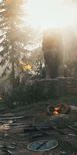 迷霧森林中陽光穿過樹木照射的石獅雕像 — 電玩遊戲 GIF 壁紙