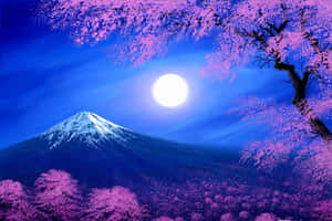 夜晚滿月與粉紅櫻花下的雪山 — 月光 壁紙