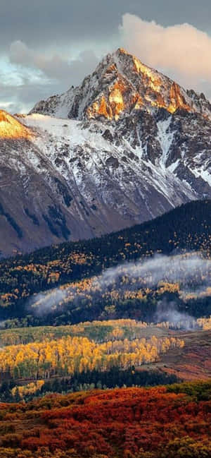 雪山峰頂在日出時分閃耀，映照著色彩繽紛的秋日森林和霧氣繚繞的山谷。 — 簡約 iPhone 壁紙