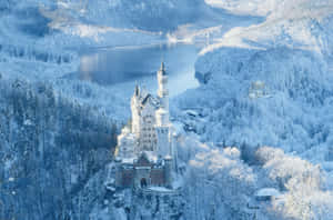 雪城堡坐落在冬季森林中，毗鄰冰凍湖泊。 — 冬季風景 壁紙